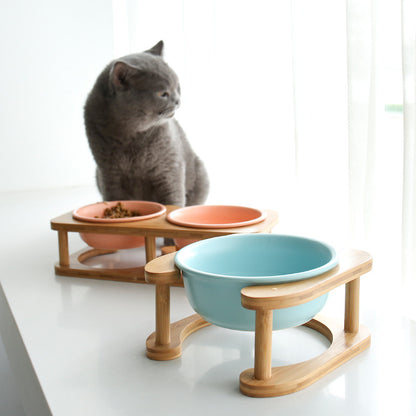 Wasser & Futternapf Keramik Holz Design | Hund & Katze