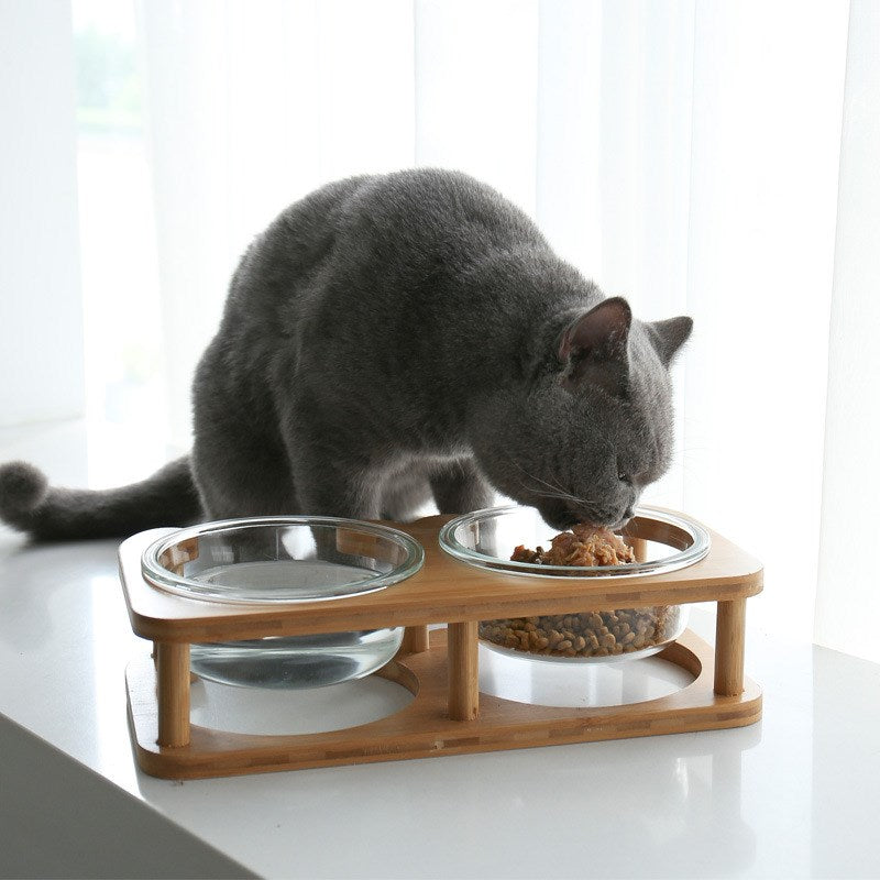 Wasser & Futternapf Glasschalen für Hunde & Katzen mit Holz